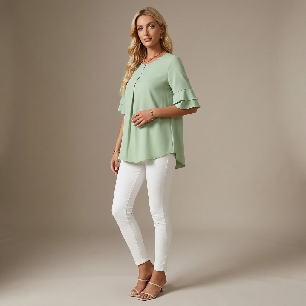 Margot Pleat-Front Flutter-Sleeve Blouse
