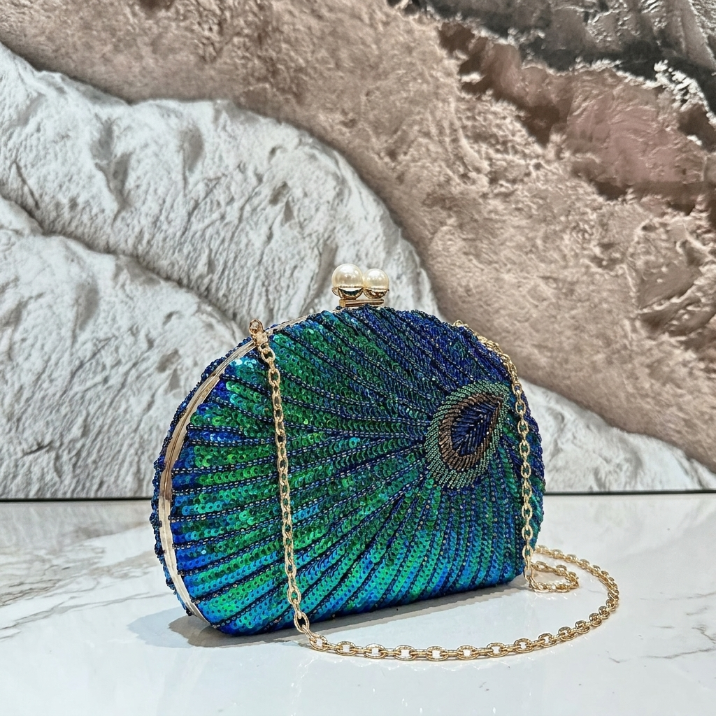 Peacock Shimmer Clutch — Iridescent Beaded Evening Bag with Pearl Clasp