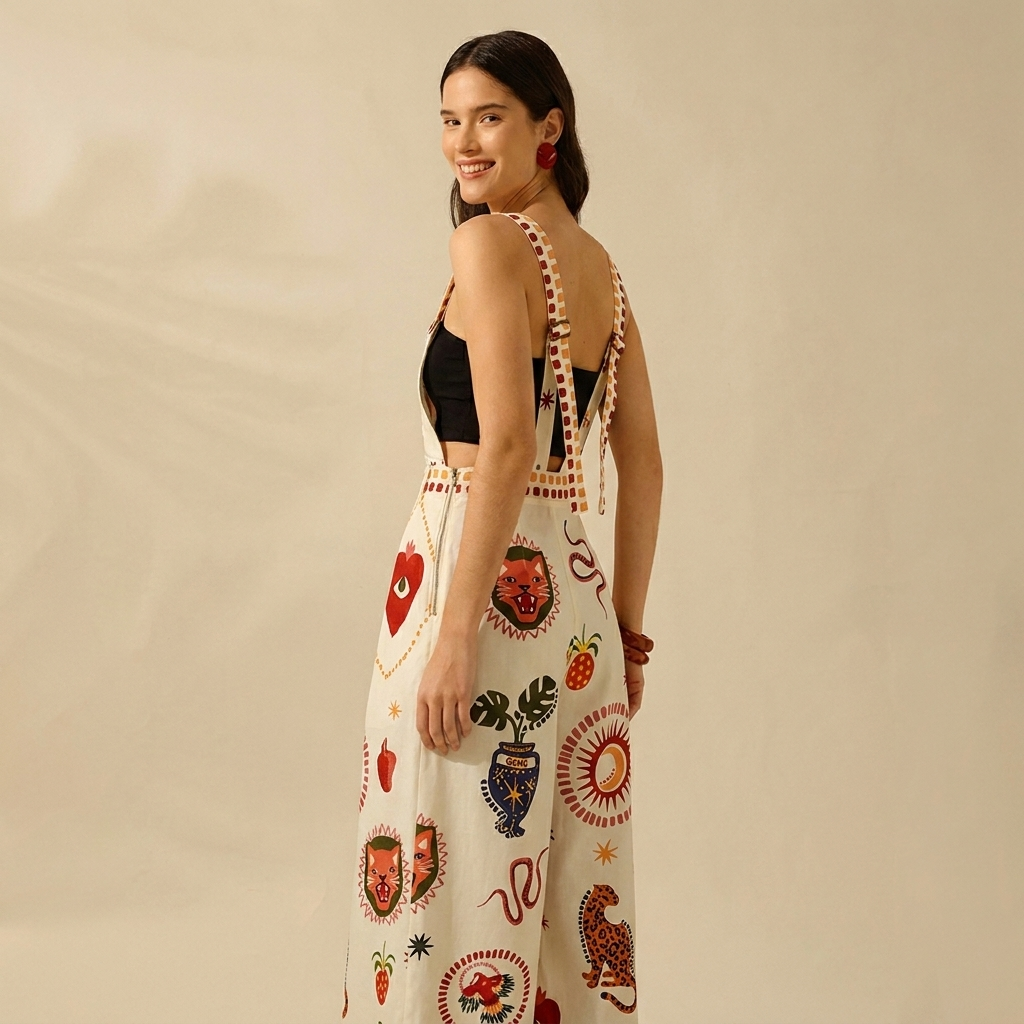 Folklore Wide-Leg Jumpsuit — Bold Art-Print Statement One-Piece
