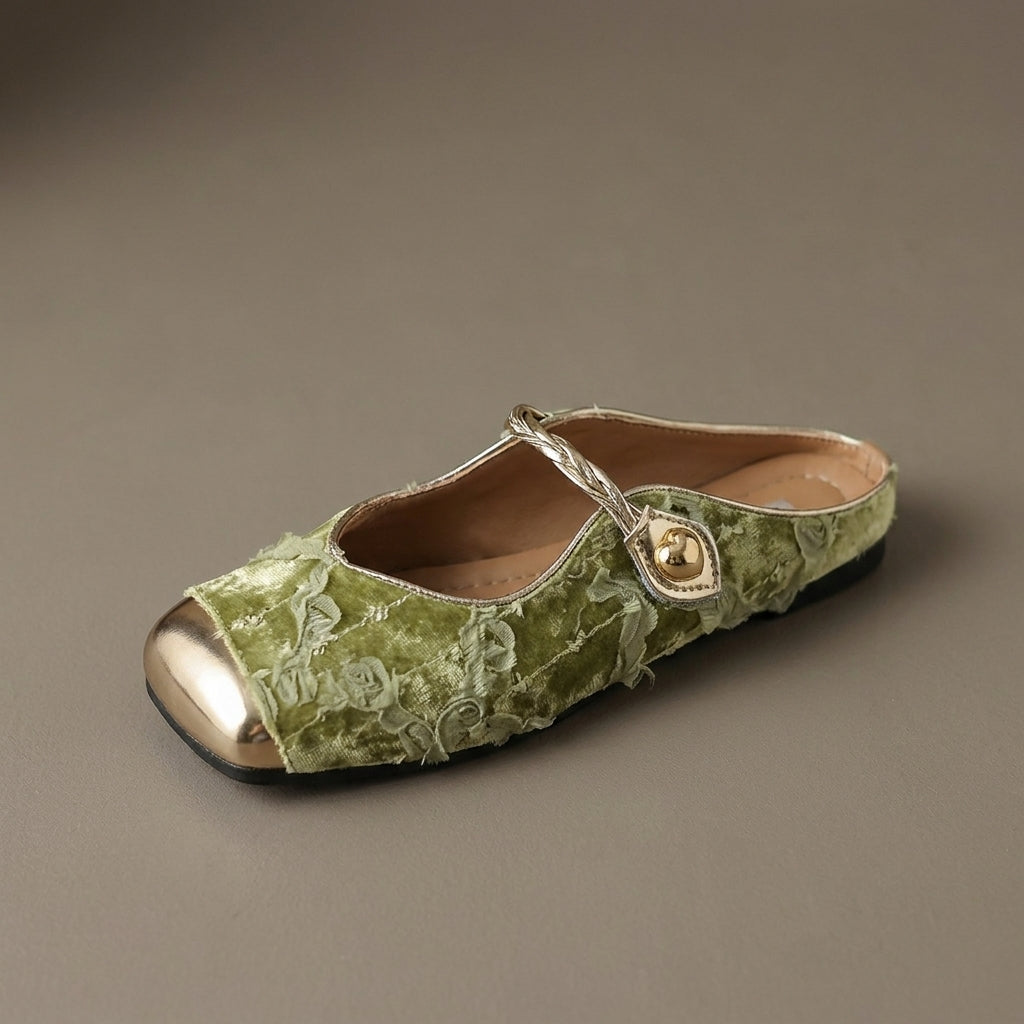 Verdant Velvet Square-Toe Mule — Gold Cap-Toe Flat with Heart Charm