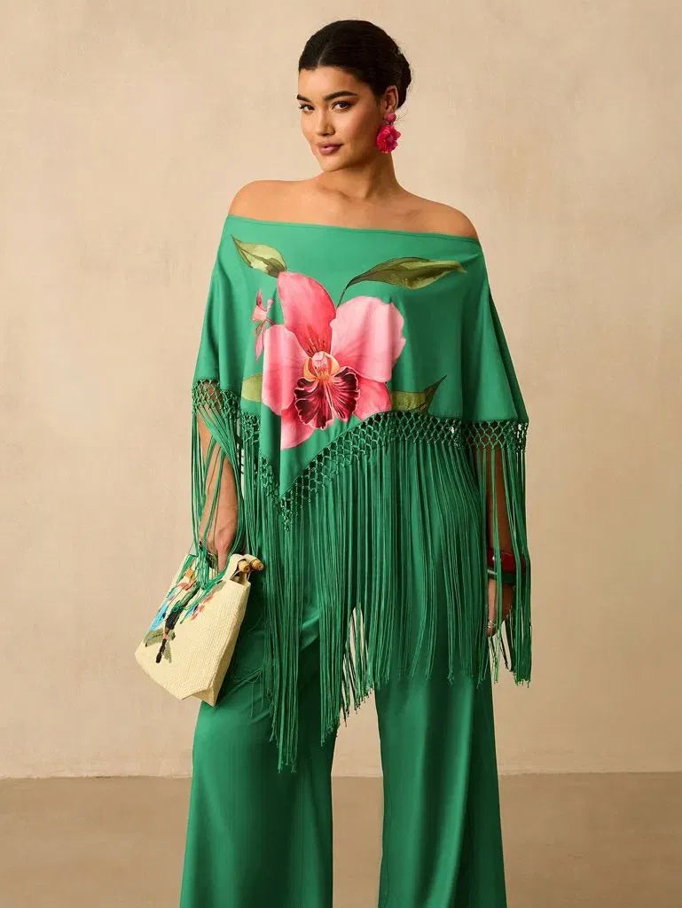 Orchid Fringe Statement Poncho Set