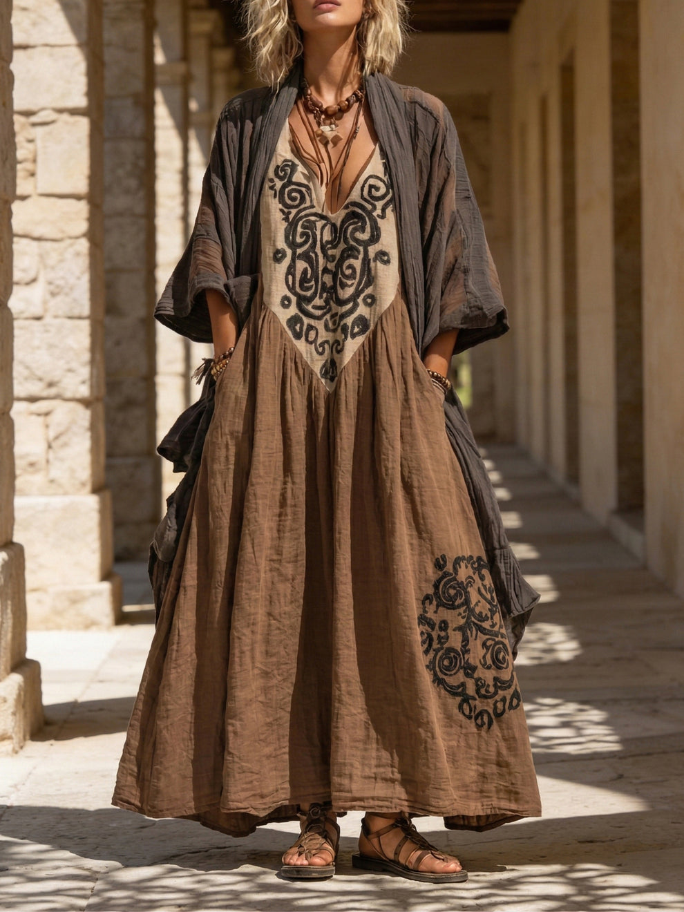 Rust Folk-Art Boho Maxi Dress
