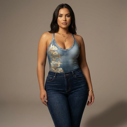 Gilded Denim-Print Bodysuit