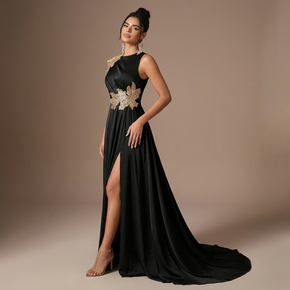 Athena Gold-Appliqué Slit Gown