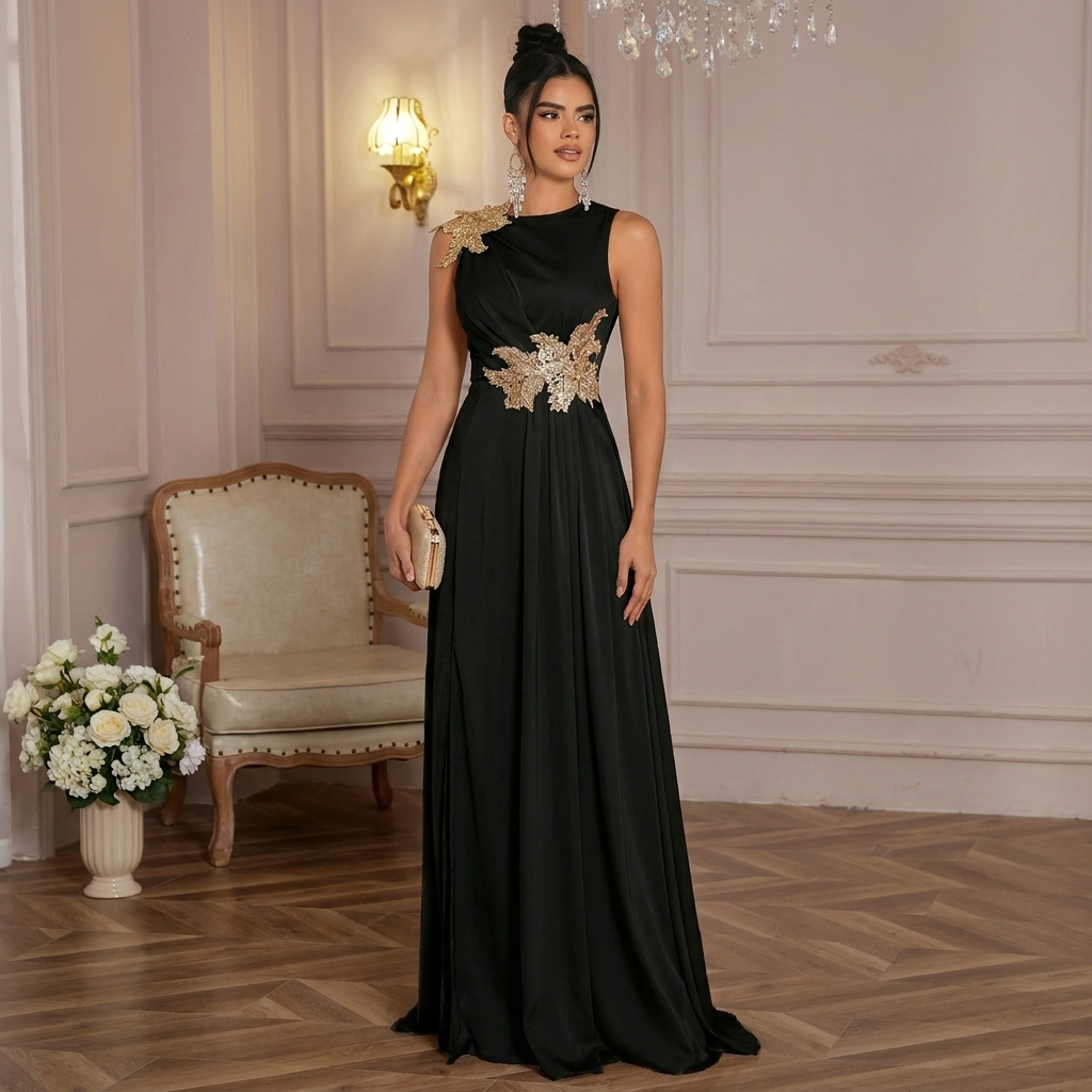 Athena Gold-Appliqué Slit Gown