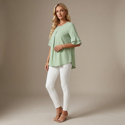 Margot Pleat-Front Flutter-Sleeve Blouse