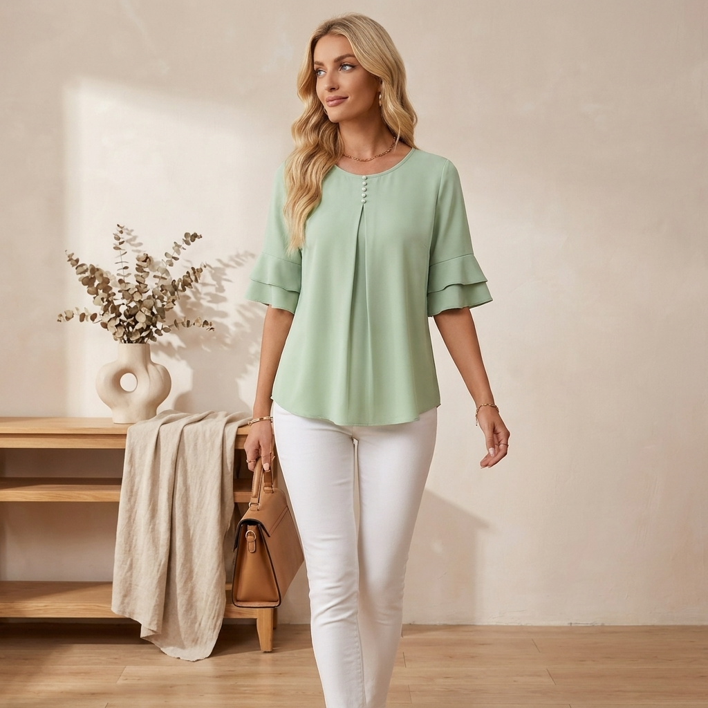 Margot Pleat-Front Flutter-Sleeve Blouse