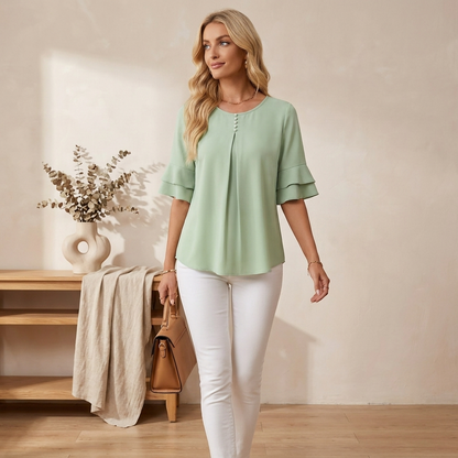 Margot Pleat-Front Flutter-Sleeve Blouse