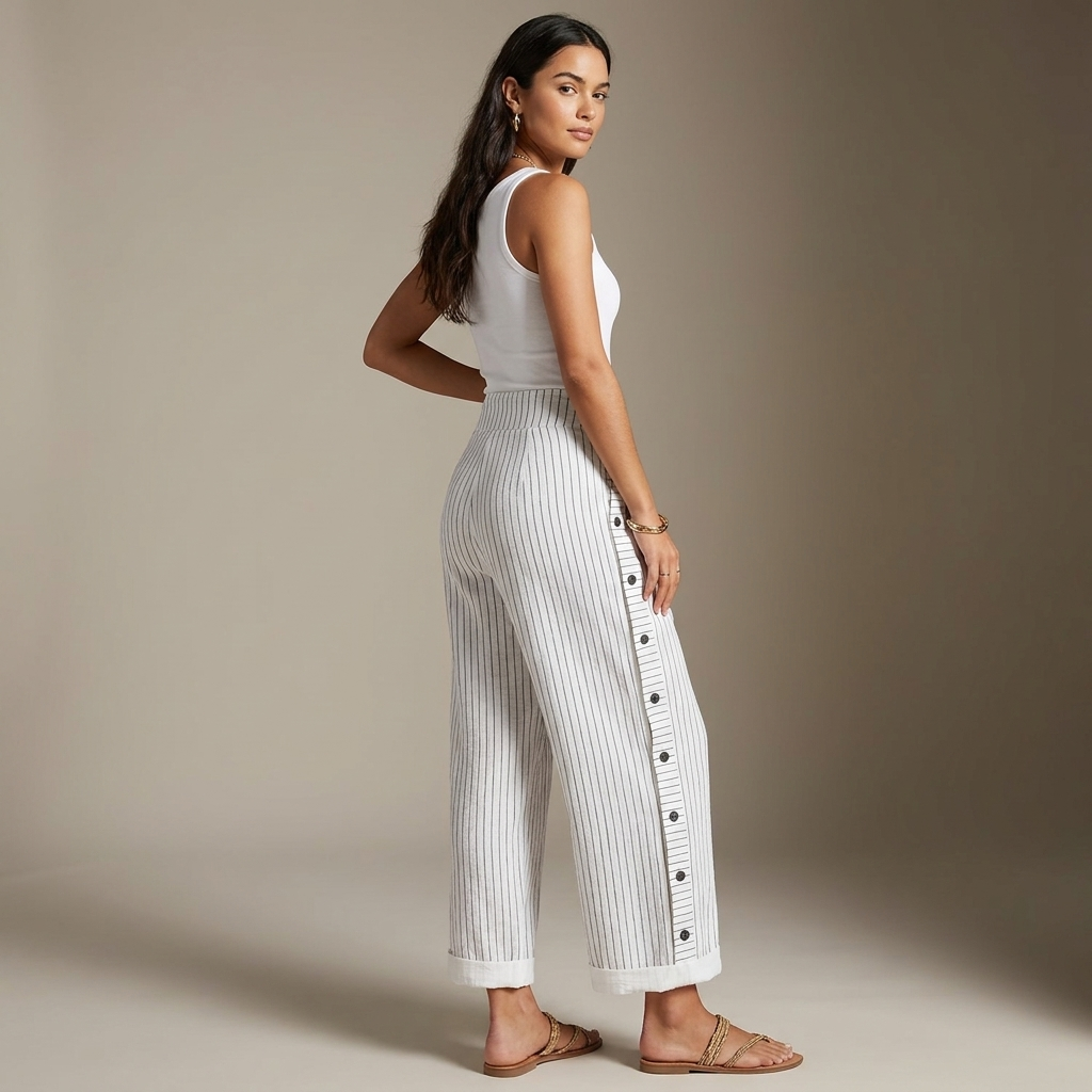 Margot Side-Button Striped Wide-Leg Pants
