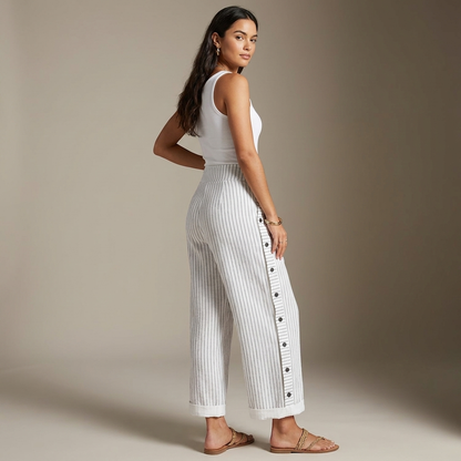 Margot Side-Button Striped Wide-Leg Pants