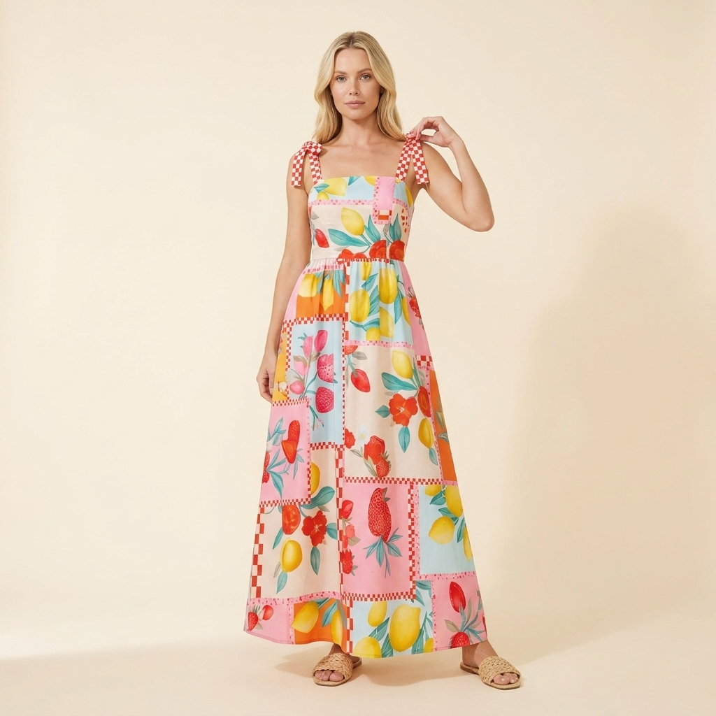 Amalfi Fruit-Print Maxi — Tie-Strap Tiered Vacation Dress