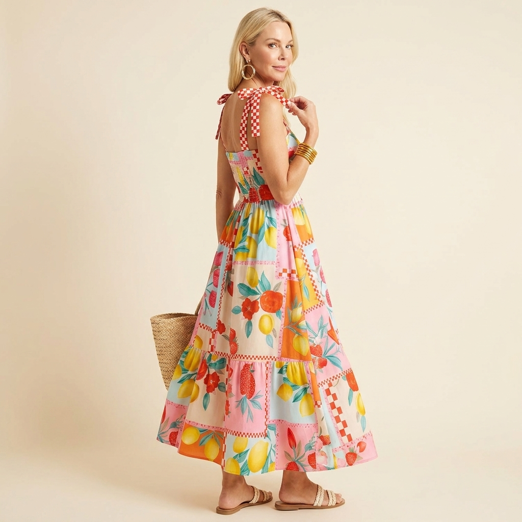 Amalfi Fruit-Print Maxi — Tie-Strap Tiered Vacation Dress