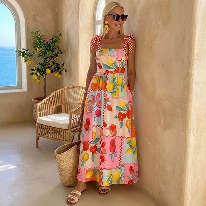 Amalfi Fruit-Print Maxi — Tie-Strap Tiered Vacation Dress