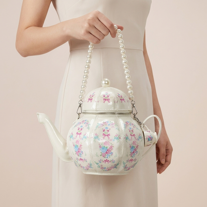 Mrs. Pots Teapot Bag — Pearl-Handle Floral Novelty Purse with Teacup Charm
