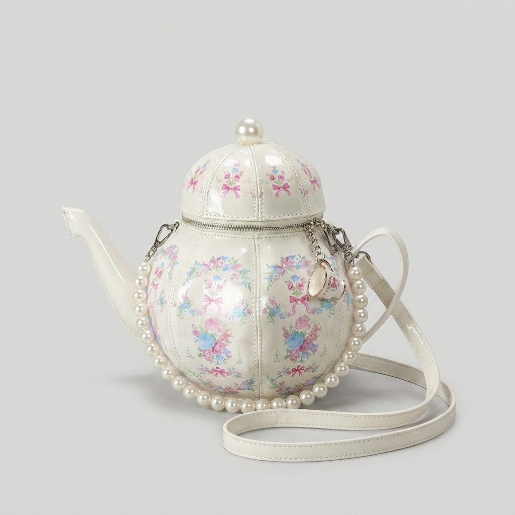Mrs. Pots Teapot Bag — Pearl-Handle Floral Novelty Purse with Teacup Charm