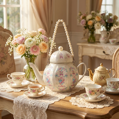 Mrs. Pots Teapot Bag — Pearl-Handle Floral Novelty Purse with Teacup Charm