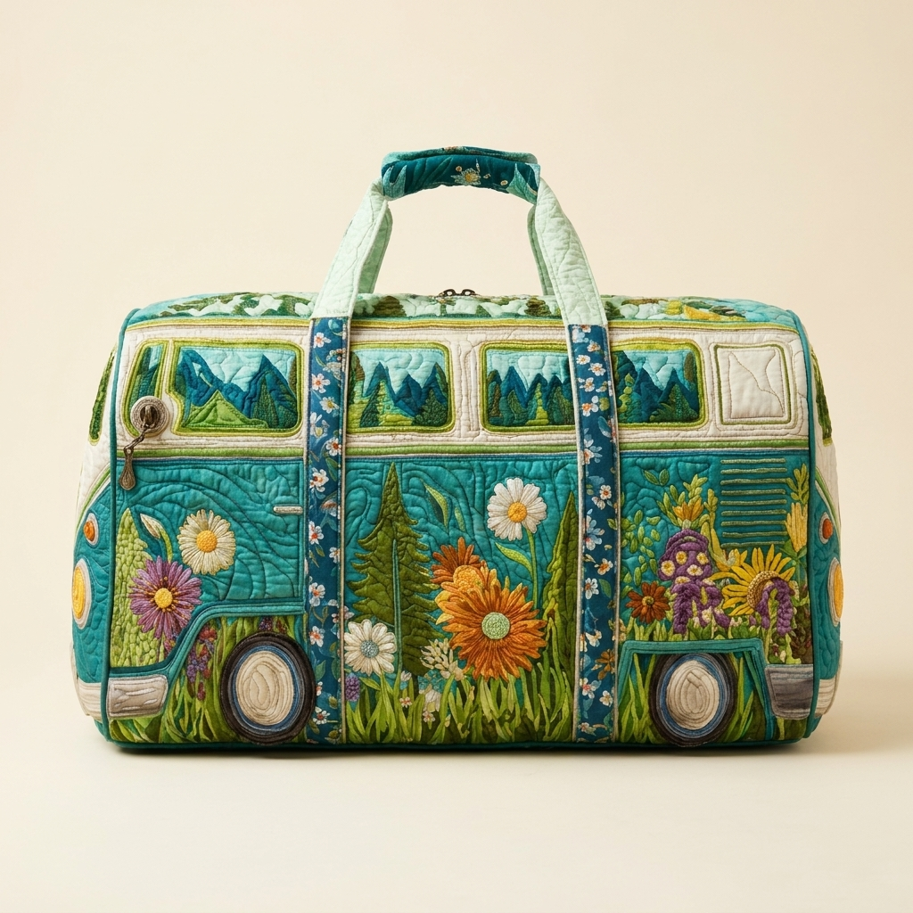Wanderlust Camper Duffel — Retro VW-Van Quilted Weekender Bag