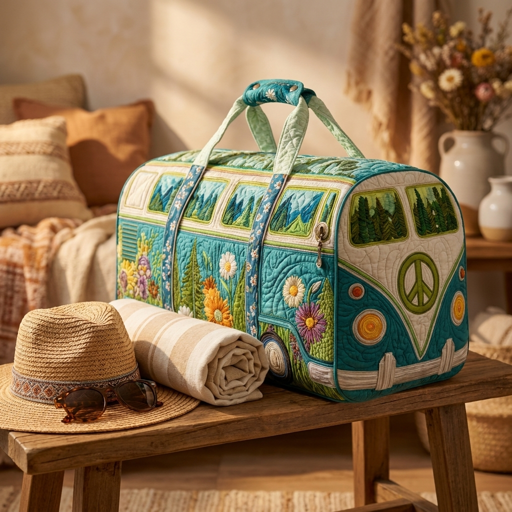 Wanderlust Camper Duffel — Retro VW-Van Quilted Weekender Bag