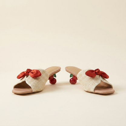 Cherry Hill Mules — Woven Kitten-Heel Sandals with 3D Cherry Heel