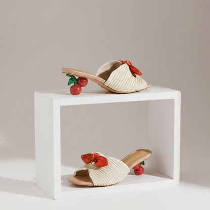 Cherry Hill Mules — Woven Kitten-Heel Sandals with 3D Cherry Heel