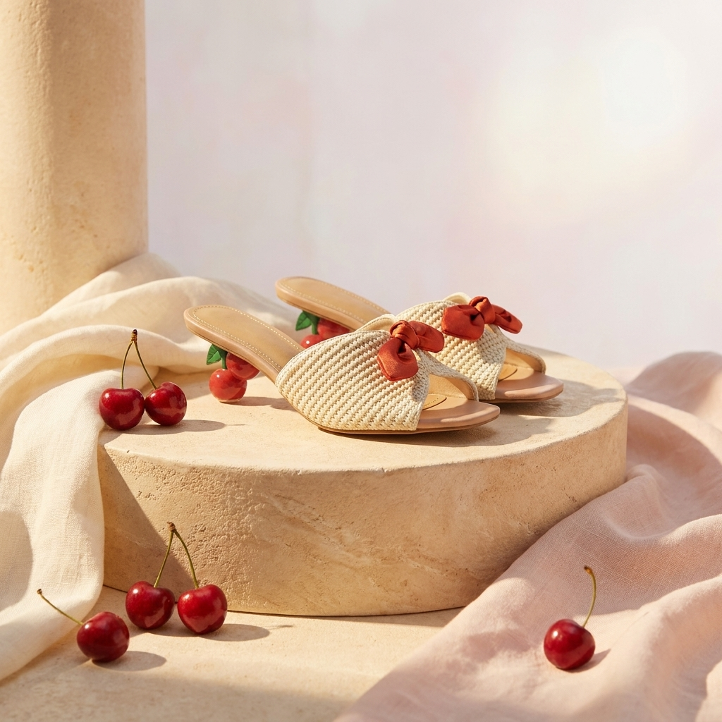 Cherry Hill Mules — Woven Kitten-Heel Sandals with 3D Cherry Heel