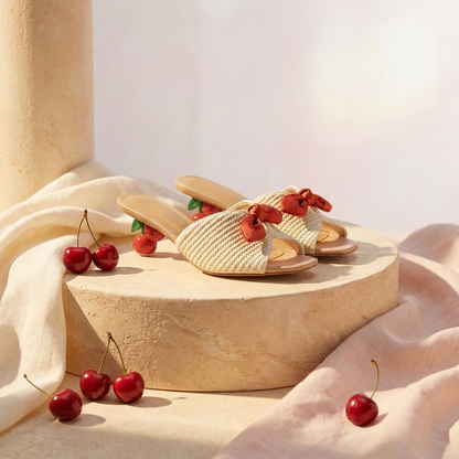 Cherry Hill Mules — Woven Kitten-Heel Sandals with 3D Cherry Heel
