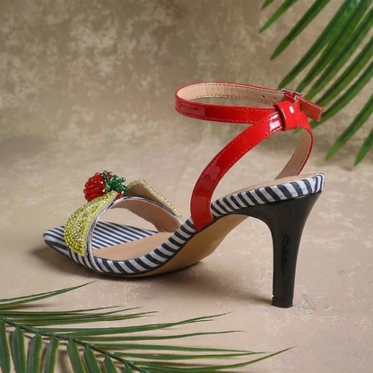 Tutti Fruity Strappy Stiletto Sandal — Striped Heel with Beaded Fruit