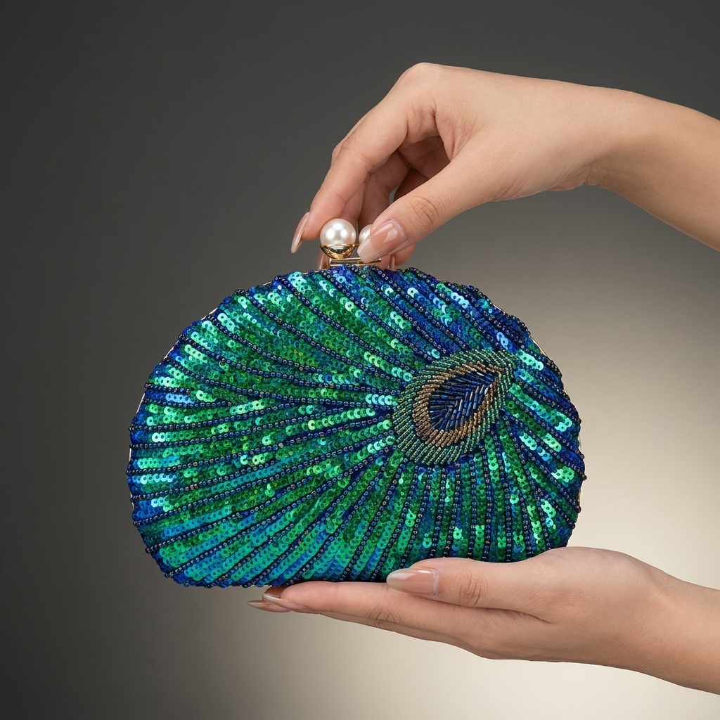 Peacock Shimmer Clutch — Iridescent Beaded Evening Bag with Pearl Clasp