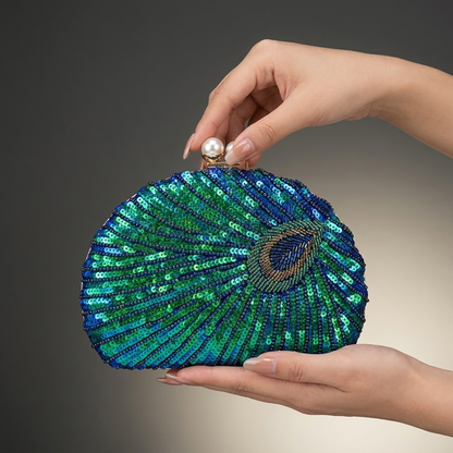 Peacock Shimmer Clutch — Iridescent Beaded Evening Bag with Pearl Clasp