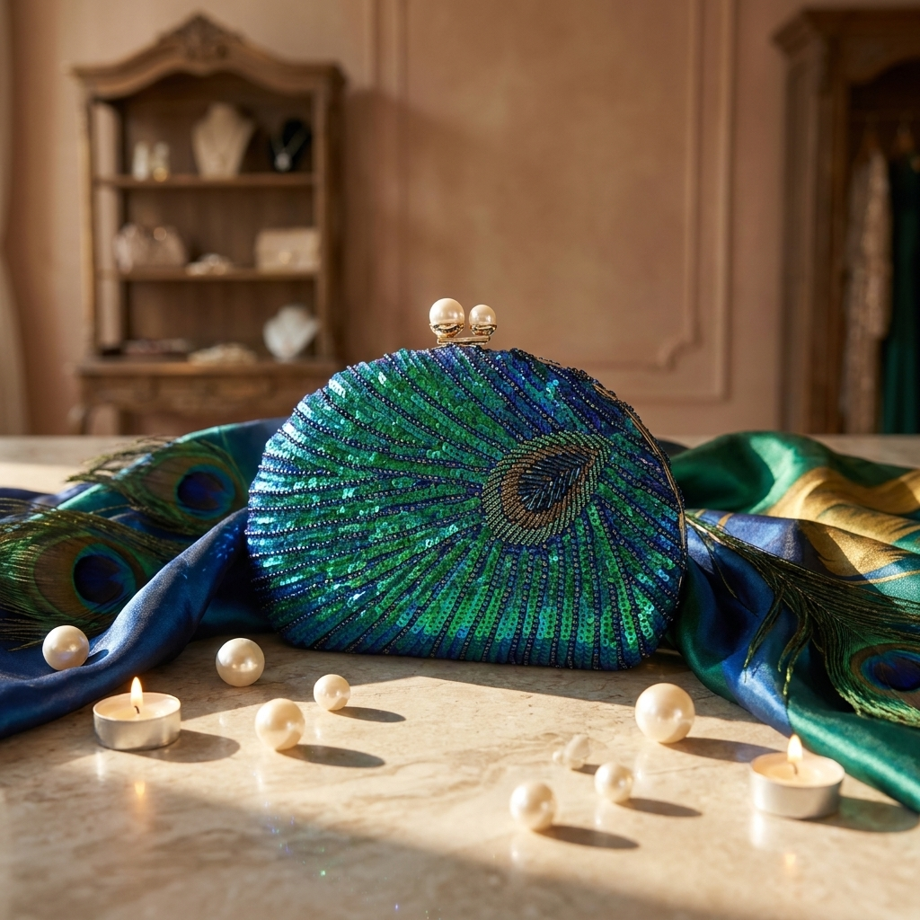 Peacock Shimmer Clutch — Iridescent Beaded Evening Bag with Pearl Clasp