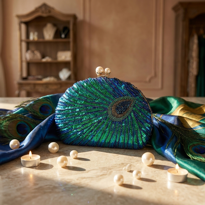 Peacock Shimmer Clutch — Iridescent Beaded Evening Bag with Pearl Clasp