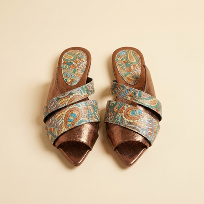 Mosaic Muse Pointed Mule — Metallic Cross-Strap Statement Flat