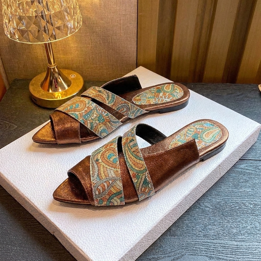 Mosaic Muse Pointed Mule — Metallic Cross-Strap Statement Flat