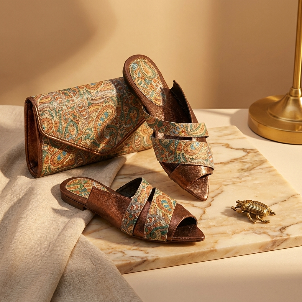 Mosaic Muse Pointed Mule — Metallic Cross-Strap Statement Flat