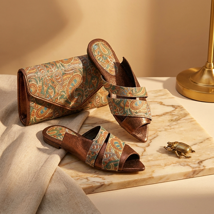 Mosaic Muse Pointed Mule — Metallic Cross-Strap Statement Flat