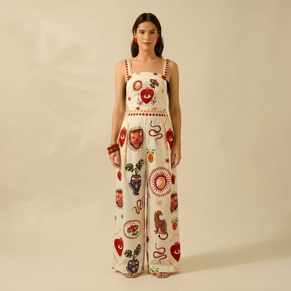 Folklore Wide-Leg Jumpsuit — Bold Art-Print Statement One-Piece