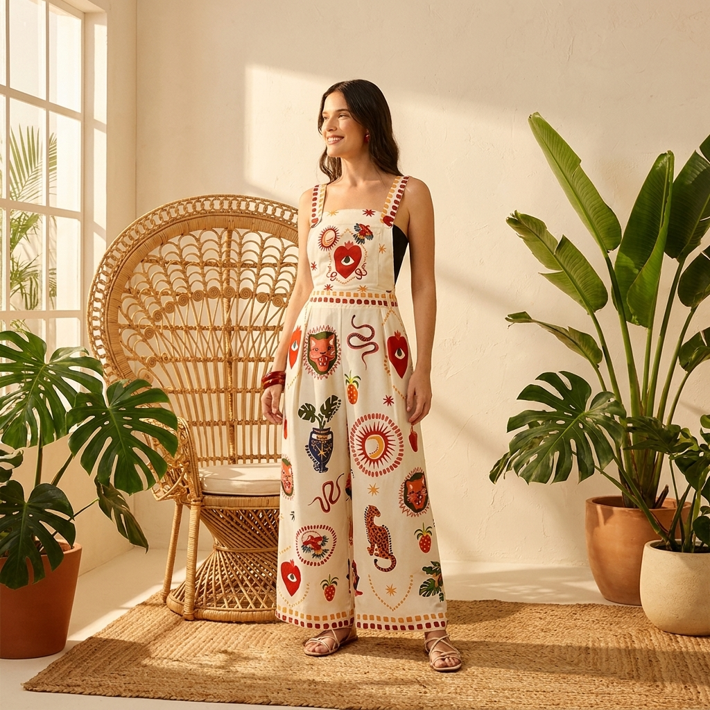 Folklore Wide-Leg Jumpsuit — Bold Art-Print Statement One-Piece