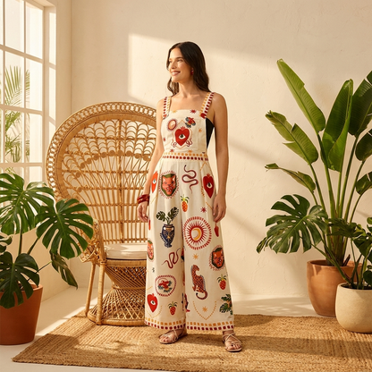 Folklore Wide-Leg Jumpsuit — Bold Art-Print Statement One-Piece