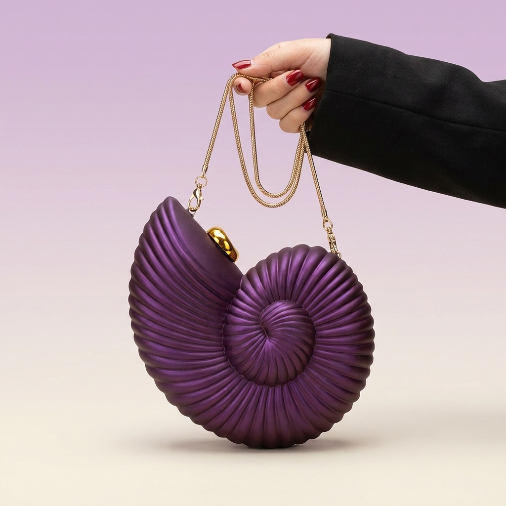 Siren Shell Clutch — Sculptural Spiral Nautilus Statement Bag