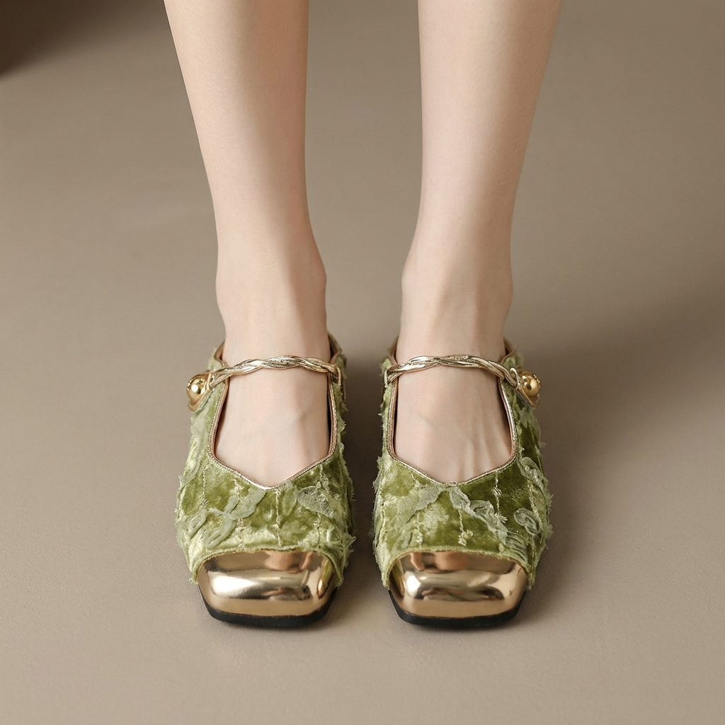 Verdant Velvet Square-Toe Mule — Gold Cap-Toe Flat with Heart Charm