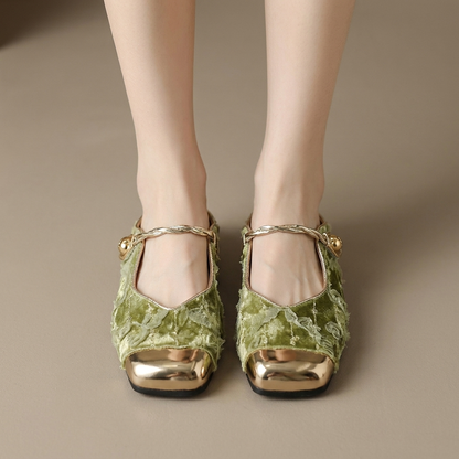 Verdant Velvet Square-Toe Mule — Gold Cap-Toe Flat with Heart Charm