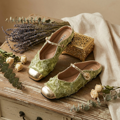 Verdant Velvet Square-Toe Mule — Gold Cap-Toe Flat with Heart Charm