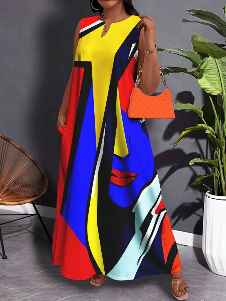 Cubist Face-Print Maxi Dress